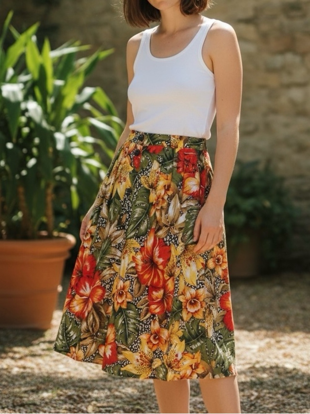 Vintage 100% Rayon Multi-Color Floral A-Line Button Front Midi Skirt Sz 8